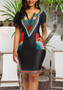 Sexy Fashionable Printed Short Sleeve V-Neck African Women's Dress