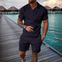 Men's Summer Fashion Casual Printed Turndown Collar Polo Shirt Shorts Two Piece Set