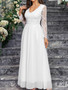 Women's Long Sleeve V Neck Low Back Lace Chiffon Wedding Bridesmaid Dress Formal Party Gown