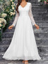 Women's Long Sleeve V Neck Low Back Lace Chiffon Wedding Bridesmaid Dress Formal Party Gown