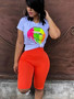 Women's Fashionable Printed T-Shirt Solid Color Slim Midi Shorts Two Piece Set