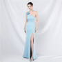 One Shoulder Beading Straps Flower Formal Dinner Wedding Gown Long Evening Dress