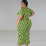 Plus Size Women Button Turndown Collar Plaid Short Sleeve Maxi Dress