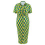 Plus Size Women Button Turndown Collar Plaid Short Sleeve Maxi Dress