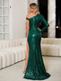 Women Sequin Slash Shoulder Hollow Slit Evening Dress