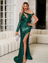 Women Sequin Slash Shoulder Hollow Slit Evening Dress