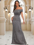 Women Sequin Off Shoulder Backless Evening Dress