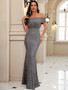 Women Sequin Off Shoulder Backless Evening Dress