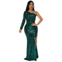 Women's One Shoulder Long Sleeve Sequined Dinner Slit Fishtail Long Dress Evening Dress