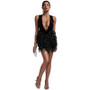 Summer Women's Deep V Neck Low Back Sequin Feather Bodycon Dress