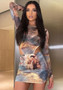 Women Round Neck See-Through Long Sleeve Character Print Bodysuit and Mini Skirt Two-Piece Set