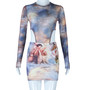 Women Round Neck See-Through Long Sleeve Character Print Bodysuit and Mini Skirt Two-Piece Set