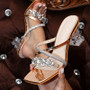 Square Toe Rhinestone Transparent Chunky High-Heeled Sandals Slippers Heels