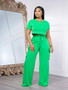 Women summer short-sleeved T-shirt and lace-up wide-leg pants two-piece set