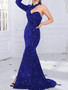 Women One Shoulder Sleeve Bodycon Slit Sequin Formal Party Evening Dress