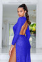 Spring Low Back Slit Long Sleeve Mid Neck Formal Party Evening Dress