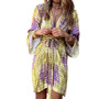 Women's Fashion Chic Print Long Sleeve V Neck Tie Dress