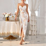 Women Sexy Sequin Embroidery Cross Slit Sequin Evening Dress Backless Suspender Maxi Dress