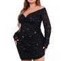 Plus Size Women Mesh Off-Shoulder Gathered Long Sleeve Party Dress