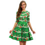 Autumn Digital Print Christmas Half-Sleeve Party Dress Women Slim Round Neck High Waist A-Line Dress