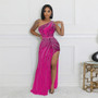 Women Sexy Slash Shoulder Beaded Slit Dress