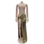 Fashionable women's rhinestone beaded see-through mesh patchwork high slit dress