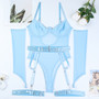 Sexy Lingerie See Through Mesh Garter Strap Bodysuit With Gloves Set