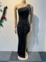 Women Elastic Beaded Sleeveless Slash Shoulder Slit Bodycon Dress