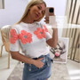 Women Contrast Color Flower Round Neck short-sleeved Top