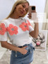 Women Contrast Color Flower Round Neck short-sleeved Top