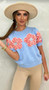 Women Contrast Color Flower Round Neck short-sleeved Top