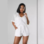 Summer Women Casual Hollow Shirt Lace Shorts Three-Piece