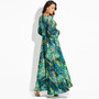 Summer Lantern Sleeve Sexy Deep V Neck Leaf Print Long Dress