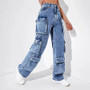 Women's High Waist Pocket Loose Cargo Denim Pants