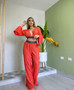 Women's Sweet Pleated V-Neck Bell Bottom Sleeve Shirt Wide Leg Pants Casual Suit