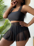 Plus size Women solid sexy tank top + mesh skirt Swimwear two-piece set