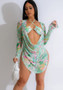 Women Printed Sexy Bikini Long Sleeve Dress Three-Piece