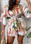 Autumn Sexy V-Neck Bat Sleeves Belt Printed Loose Plus Size Jumpsuit