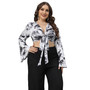 Plus Size Women Tie Dye Print Lace-Up Deep v Bell Bottom Sleeve Long Sleeve Crop Top