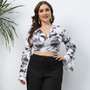 Plus Size Women Tie Dye Print Lace-Up Deep v Bell Bottom Sleeve Long Sleeve Crop Top