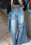 Women Spring Patchwork Bow Denim Wide Leg Pants