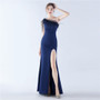 Women Elegant Beaded Ostrich Feather Satin Formal Party Maxi Evening Dress