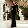 Long Sleeve Chic Slash Shoulder Sexy Hollow Formal Party Bodycon Velvet Women Evening Dress Bridesmaid Dress