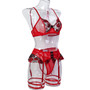 Women Rose Flower Embroidered Bow Sexy Lingerie Four-piece Set