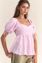 Davi & Dani Solid Elastic Peplum Puffed Sleeves Blouse
