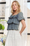 ADORA Washed Denim Layered Ruffle Blouse