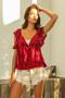 BiBi Ruffled Cap Crush Velvet Peplum Top