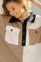 BiBi Color Block Quarter Neck Short Dolan Sleeve Top