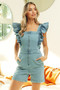 BiBi Zip Up Front Denim Romper With Ruffles