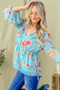 And The Why Floral Print Draw String Bell Sleeve Top